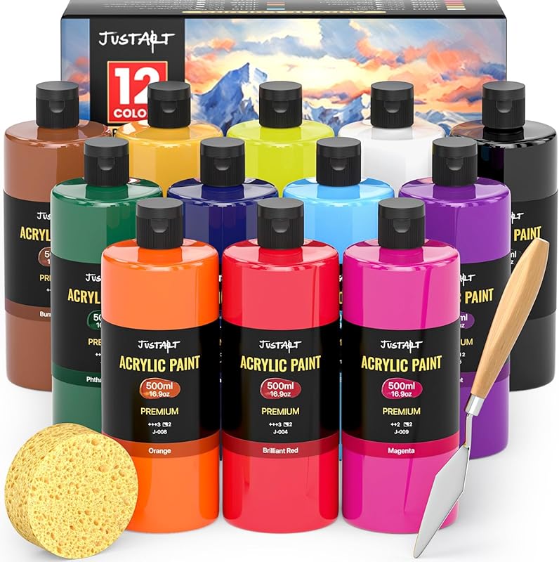 12-Color Acrylic Paint Set: Large 500ml Bottles with Rich Pigments for