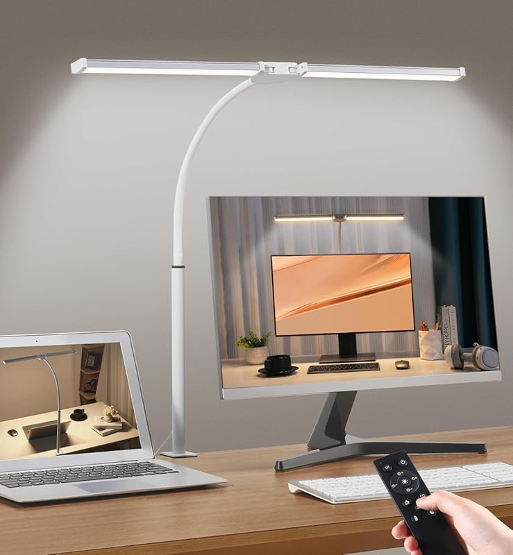 White & Silver Eye-Care Architect Desk Lamp with Clamp, Double Head, G