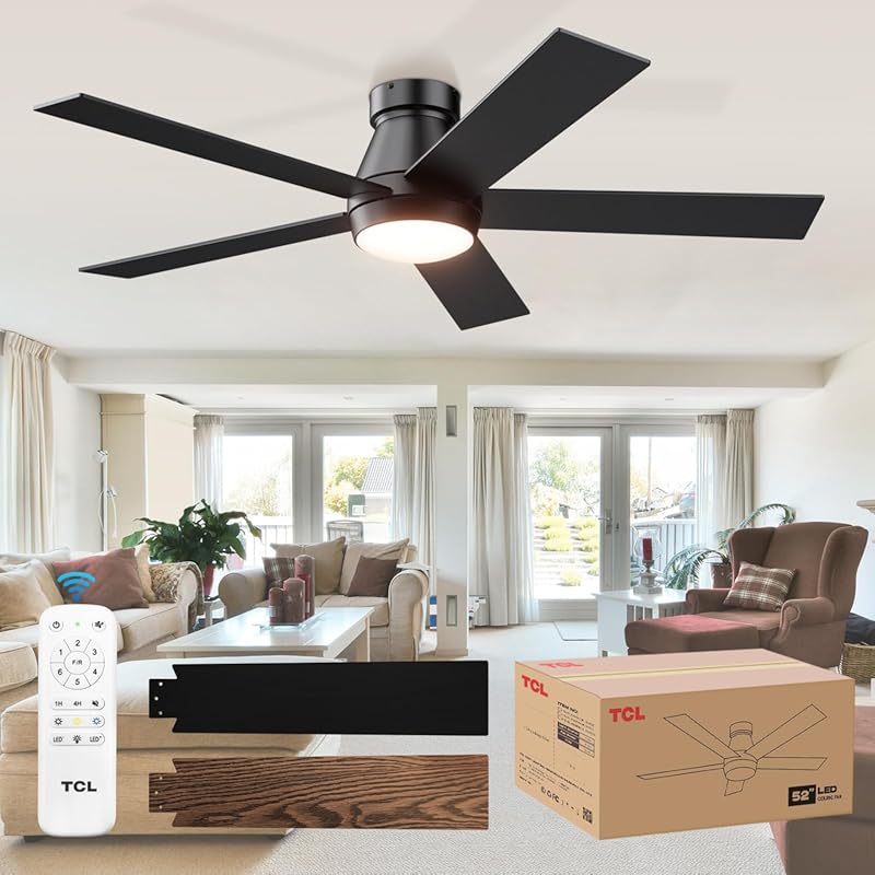 Black 52-Inch Low Profile Ceiling Fan with Dimmable Light. Noiseless 6