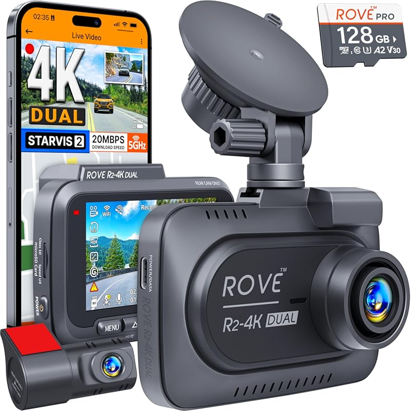 ROVE R2-4K Dual Dash Cam: Front & Rear 4K, STARVIS 2 Sensor, 5G WiFi, 