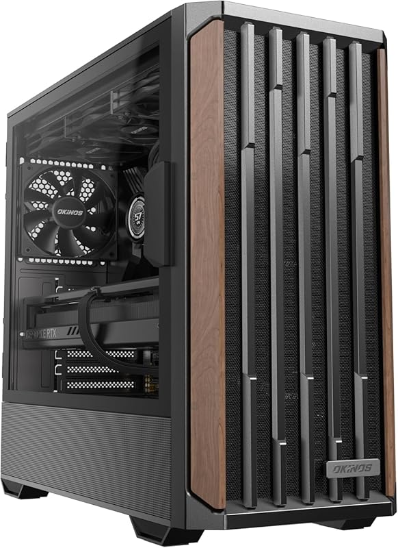 Black ATX PC Case, Walnut Wood, Magnetic Tempered Glass, 4 PWM Fans, 3