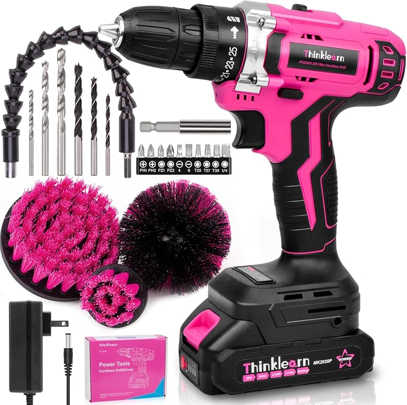 20V Pink Cordless Drill for Home Use. Features 3/8