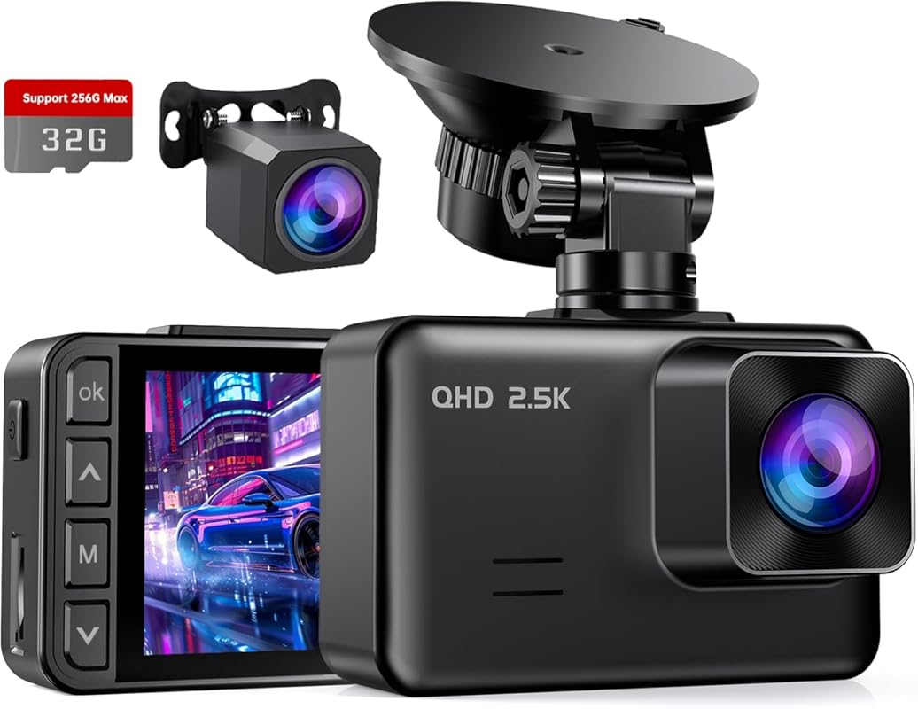 Dual Dash Cam Front Rear: 2.5K+1080P, 2