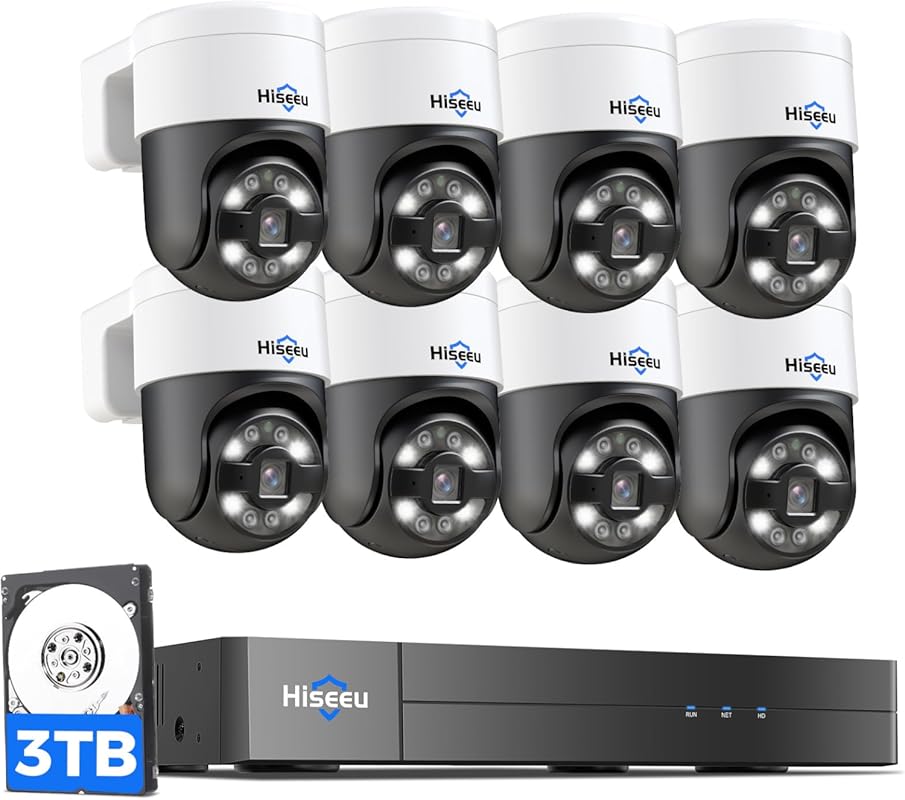 Hiseeu 4K PoE PTZ Security System: 8 Wired Cameras, Human Tracking, 2-