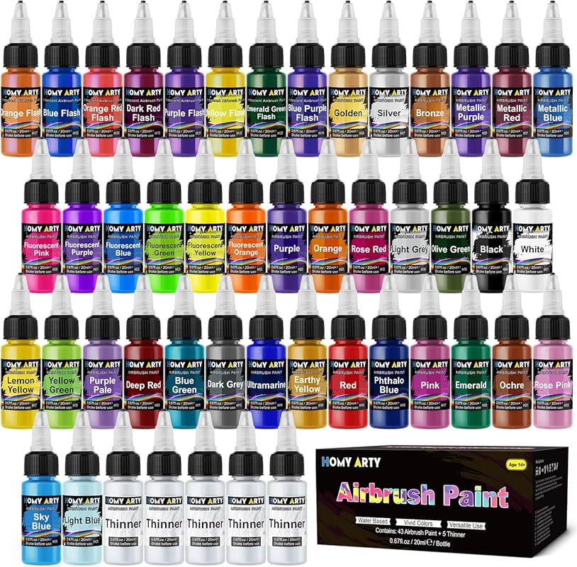 Airbrush Acrylic Paint Set: 43 Water-Based Colors with 5 Thinners, Rea