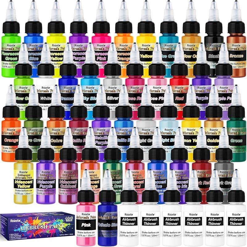 Roizefar Airbrush Acrylic Paint Set: 44 Colors, 6 Thinners, Iridescent
