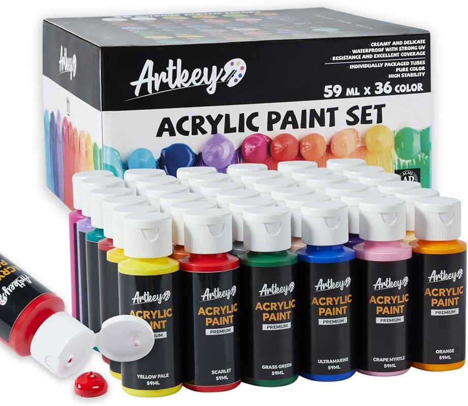 Artkey 36-Color Acrylic Paint Set – 2 oz Bottles for Canvas, Rock, and