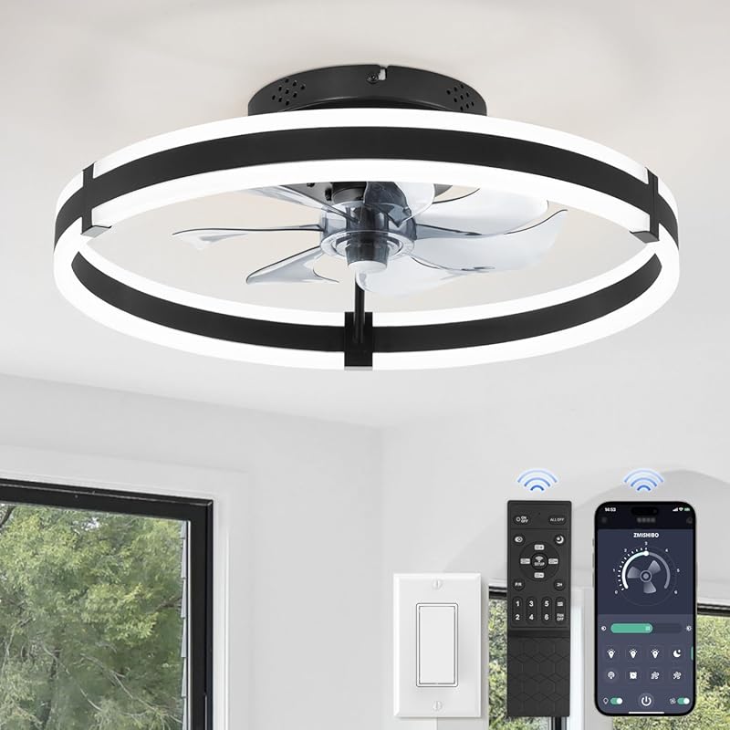 Black 20-Inch Low Profile Fandelier Ceiling Fan. Dimmable Modern LED L