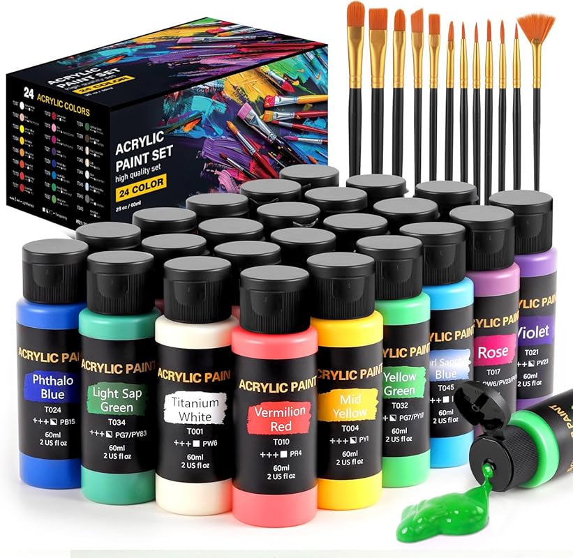 TMOL 24-Color Acrylic Paint Set, 2 oz Bottles with 12 Brushes, Rich Pi