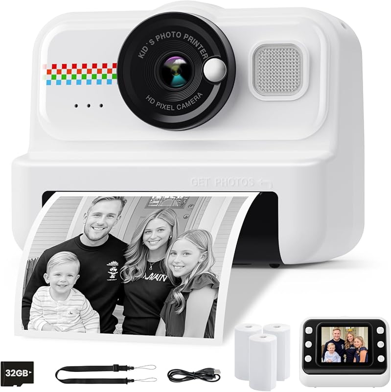 Black 1080P HD Kids Instant Print Camera with 3 Rolls Paper and 32GB C