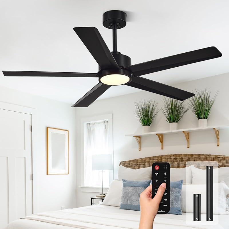 Black 52-Inch Kitchen Ceiling Fan. Dimmable LED Light, Remote, Quiet R