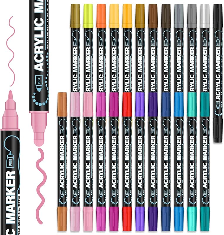 24 Colors Dual Tip Acrylic Paint Pens and Markers for Rock, Wood, and 
