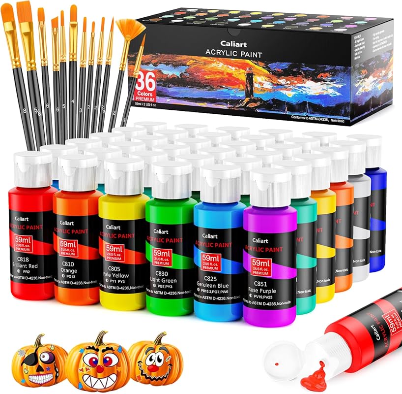 Caliart 36-Color Acrylic Paint Set with 12 Brushes, 2oz Bottles, Perfe