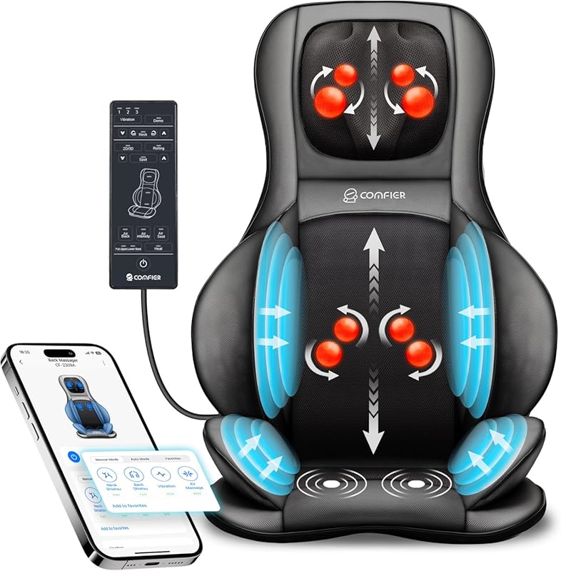 Shiatsu Neck and Back Massager Chair Pad with Heat, App Control, and C