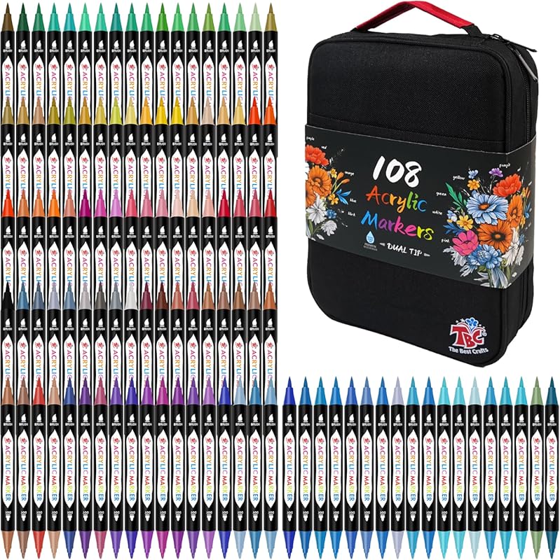 108-Color Dual Tip Acrylic Paint Markers with Carry Case for Craft and
