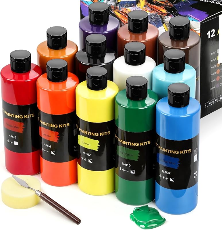 Color More 12-Color Acrylic Paint Set: Large 500ml Non-Toxic Bottles f