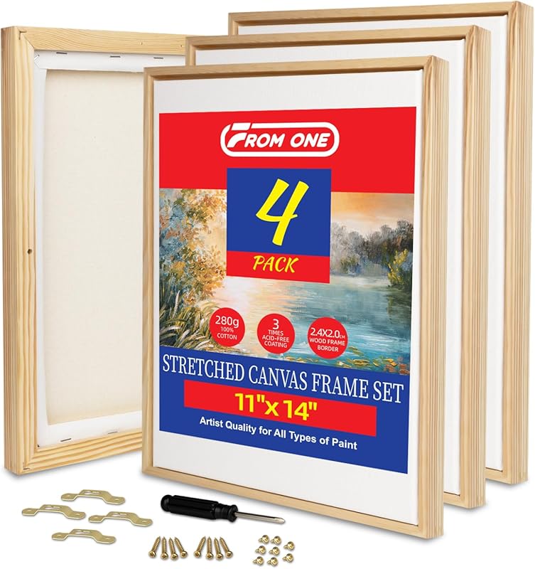 4-Pack 11x14 Stretched Canvases with Wood Floater Frames, Triple Prime