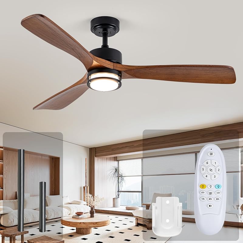52-inch Outdoor Ceiling Fan with Walnut Wood Blades, Dimmable LED Ligh