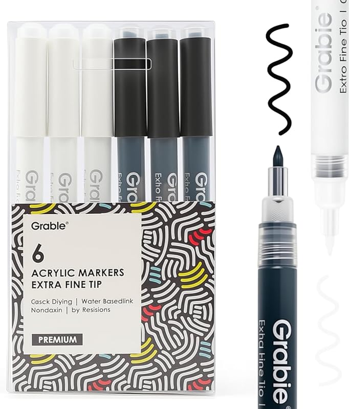 Black and White 0.7mm Extra Fine Acrylic Paint Markers for Details and
