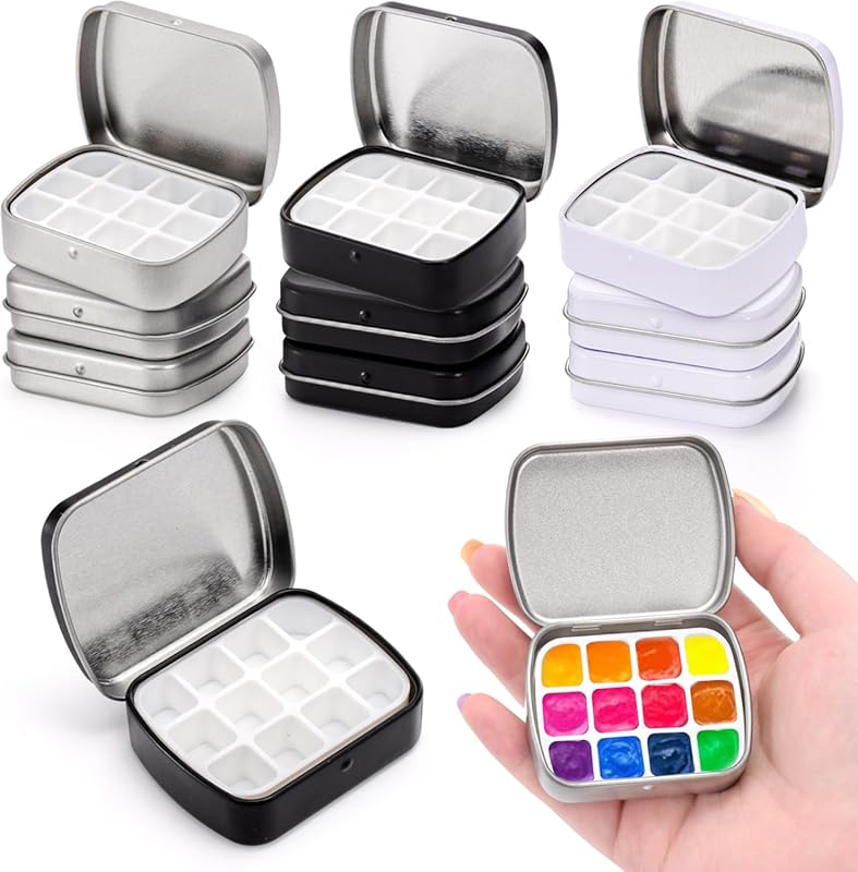 9 Pcs Mini Watercolor Tin Box, 12-Well Portable Paint Palette with Lid