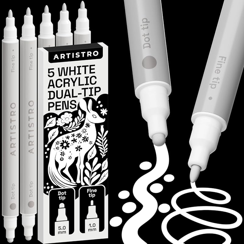 ARTISTRO 5 White Acrylic Paint Markers for Rock, Fabric, Wood, Glass, 