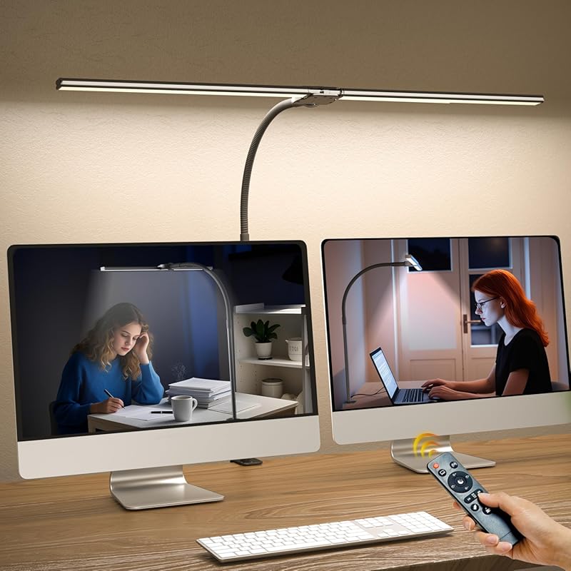 Black Dual Screen Monitor Light for Architects: Clamp, Gooseneck, Step