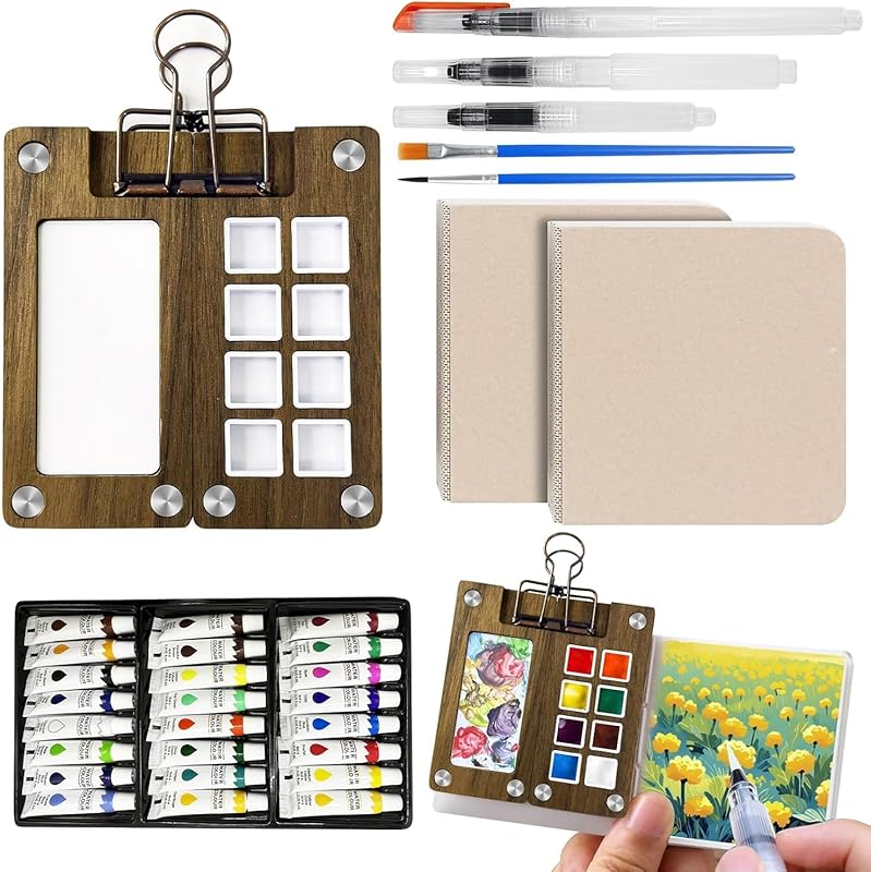 Mini Travel Watercolor Set with Brush, Sketchbook, and Copper Clip for