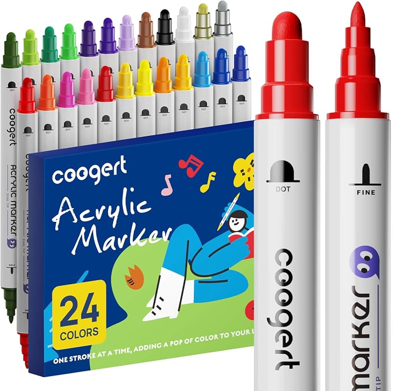 24 Dual-Tip Acrylic Paint Markers for Rock, Fabric, Canvas, and Craft 