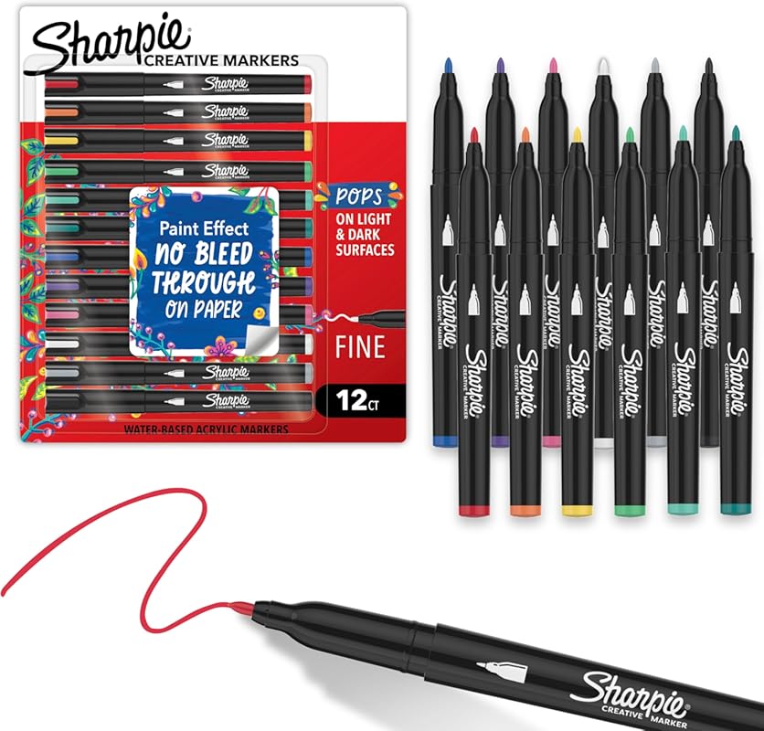 Sharpie Acrylic Paint Markers, Fine Tip, 12 Assorted Colors for Paper,