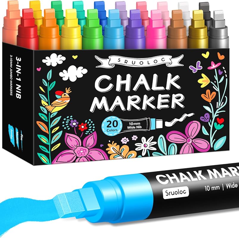 Large Chalk Paint Markers: 20 Colors, 10mm 3-in-1 Tips for Glass and B