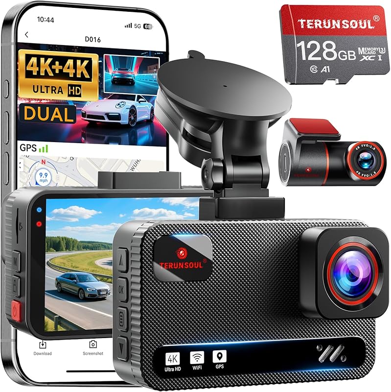 4K+4K Front and Rear Dash Cam: WiFi, Built-in GPS, G-Sensor, and 24H P