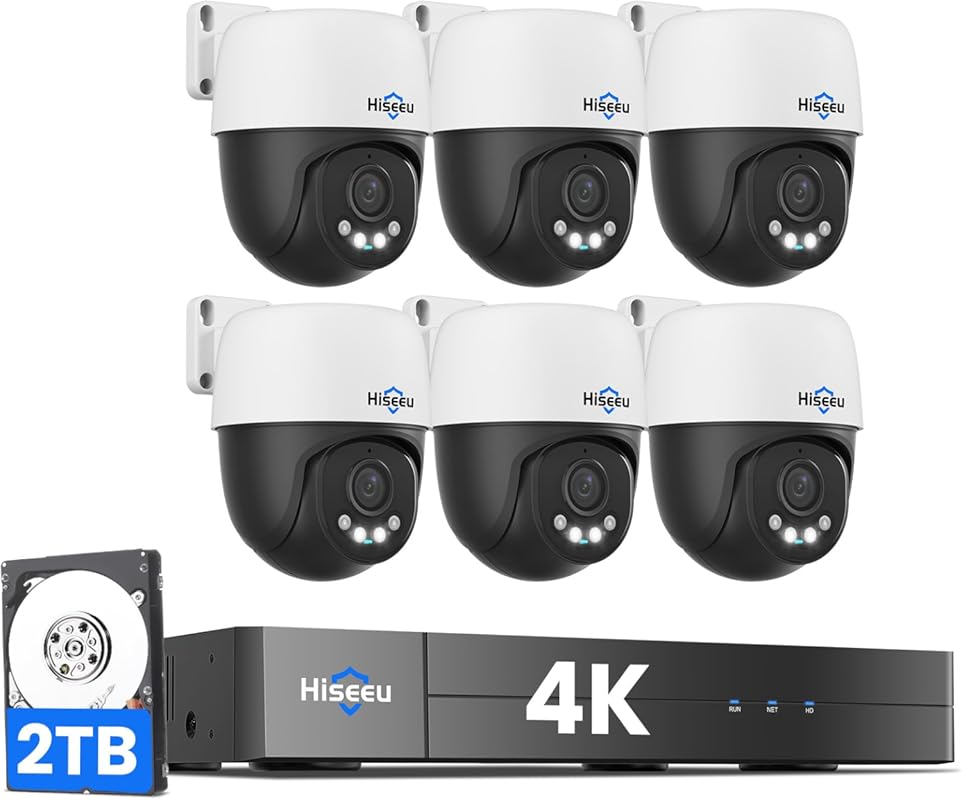 Hiseeu 4K PoE PTZ Security System: 6 Wired Cameras, Human Tracking, 2-