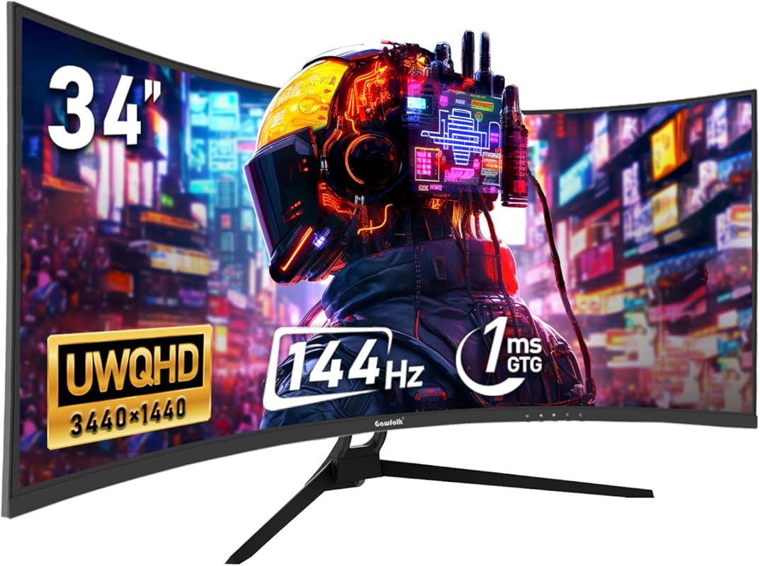 Gawfolk 34-inch Ultrawide Curved Gaming Monitor with 144Hz, UWQHD, and