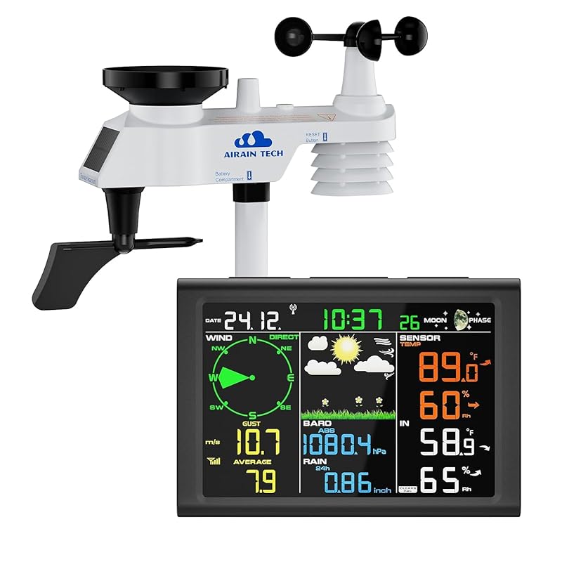 Wireless Weather Station with Rain Gauge, Wind Speed, Direction, Tempe