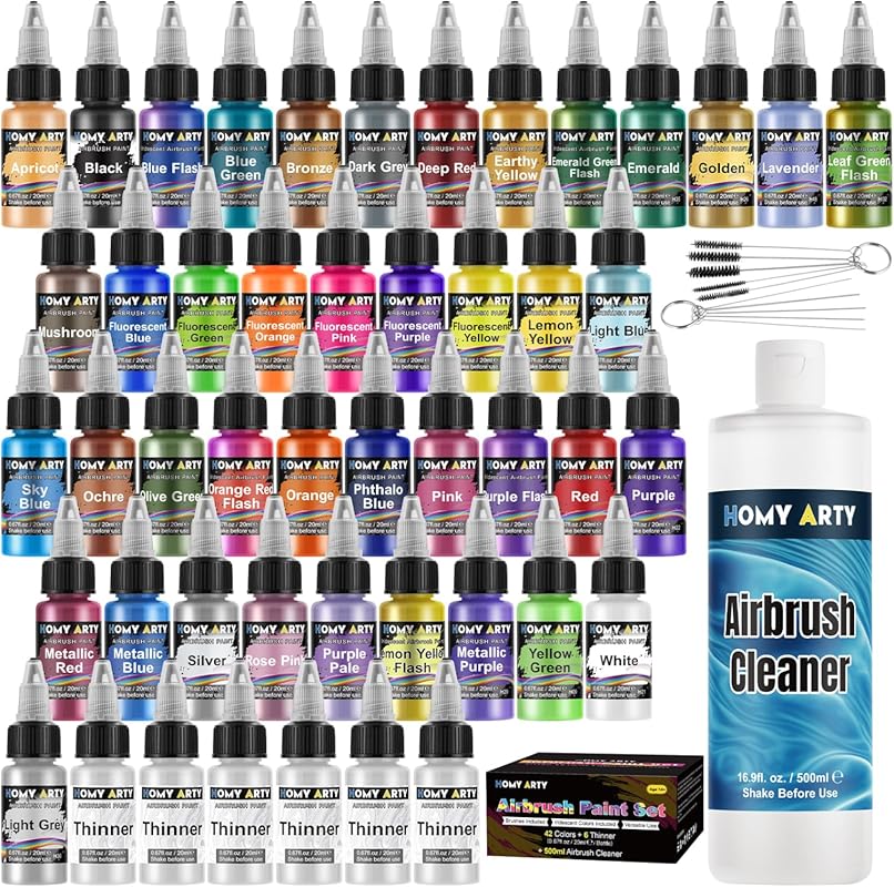 Complete Acrylic Airbrush Paint Kit: 42 Colors, 6 Thinners, Cleaner, a