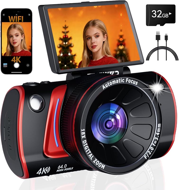 4K Digital Camera with 64MP, Autofocus, WiFi, and Flip Screen for Inte