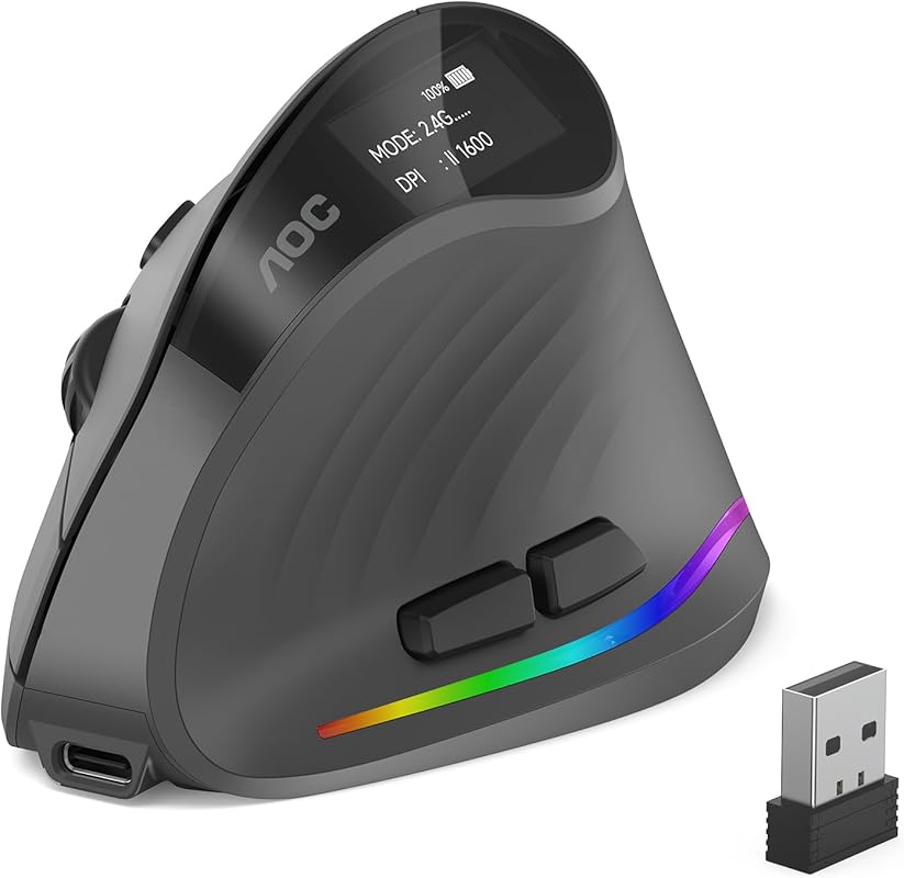 AOC Vertical Ergonomic Mouse: Wireless Bluetooth, 4800 DPI, Quiet Clic