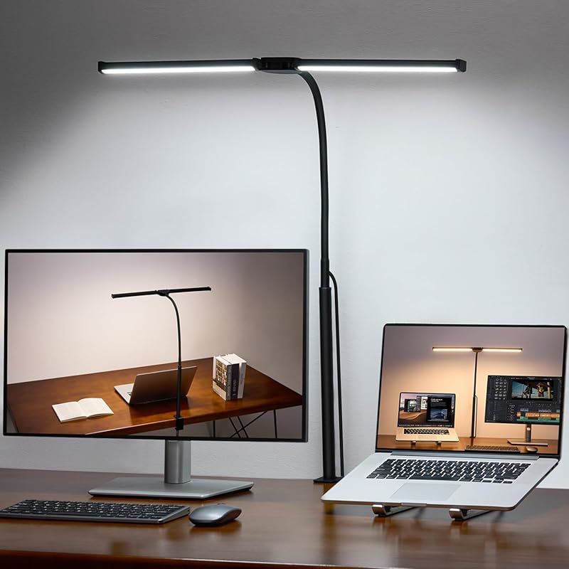 Black Double Head Architect Desk Lamp with Clamp, Flexible Gooseneck, 