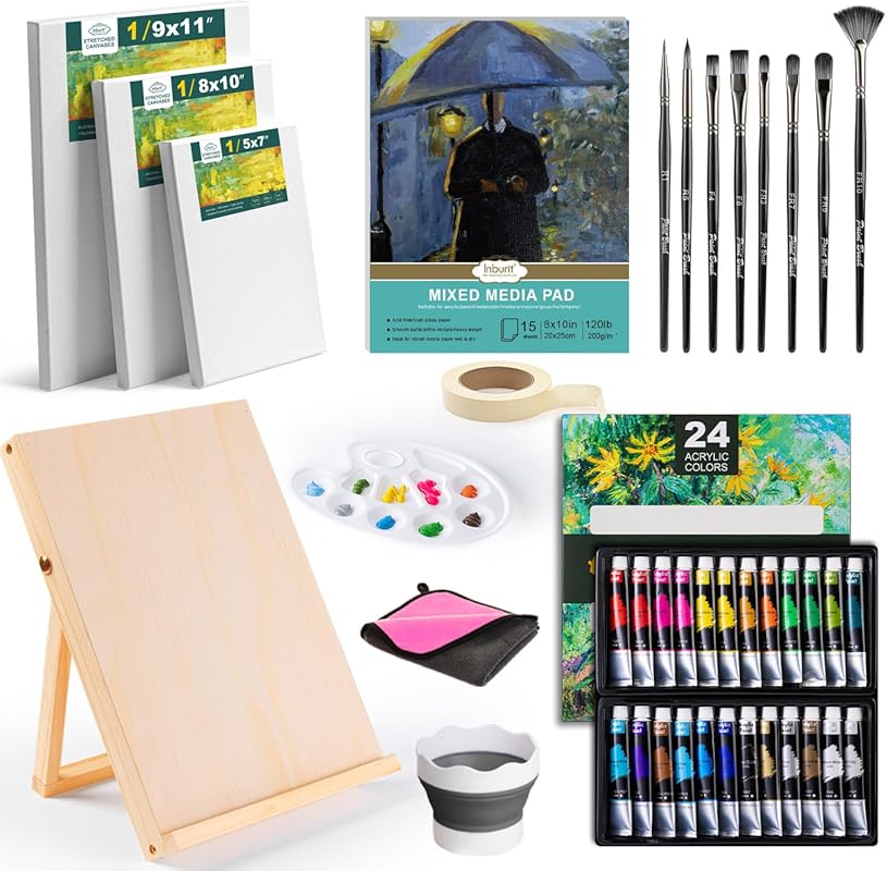 Acrylic Painting Kit with 24 Paints, 8 Brushes, and Wooden Easel for B