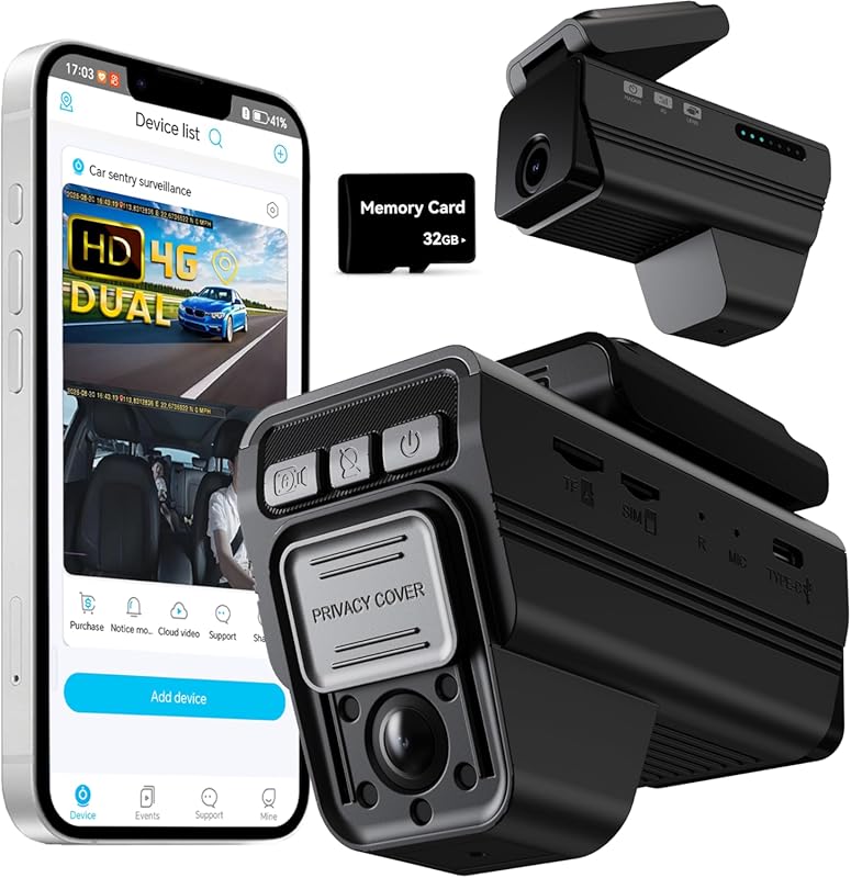4G LTE Dual Dash Cam: 1080P Front/Rear, 24/7 Parking, Radar, Live View