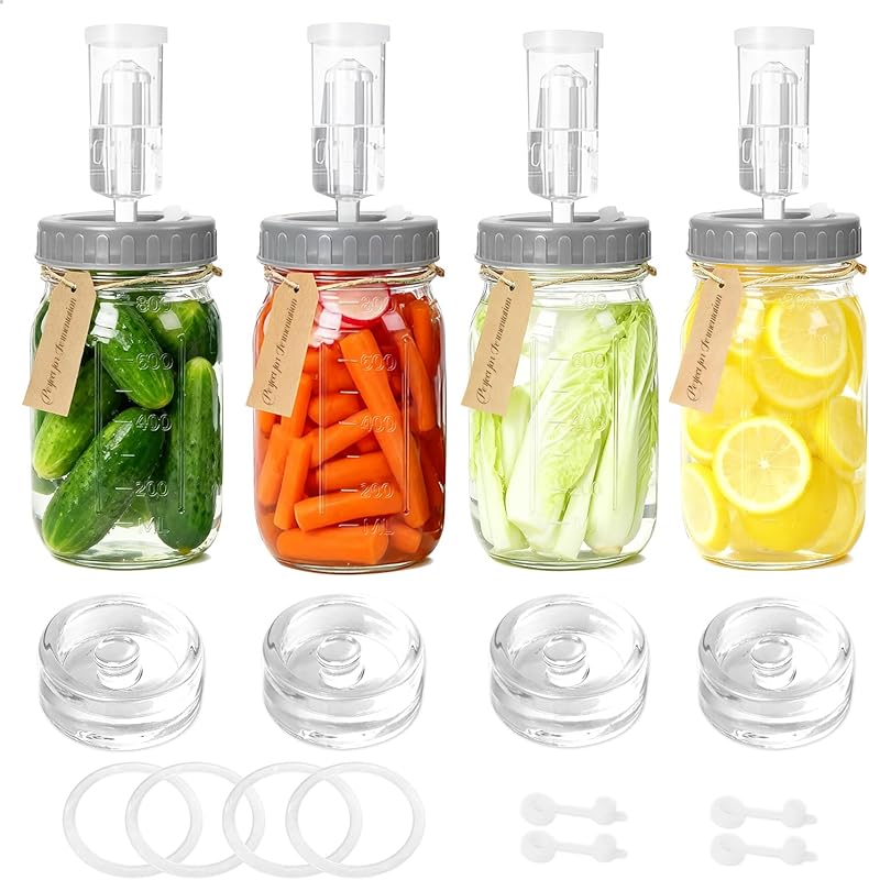 Four 32oz Mason Jar Fermentation Kit with Lids, Airlocks, Silicone Rin