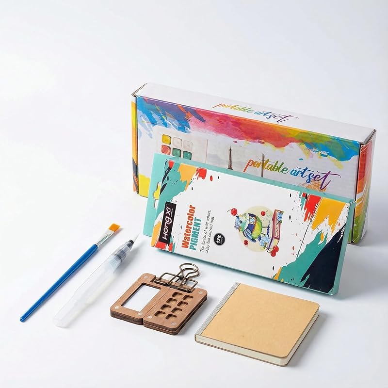Portable Watercolor Travel Kit: 12 Colors, 8 Grids, Pocket Wooden Pale