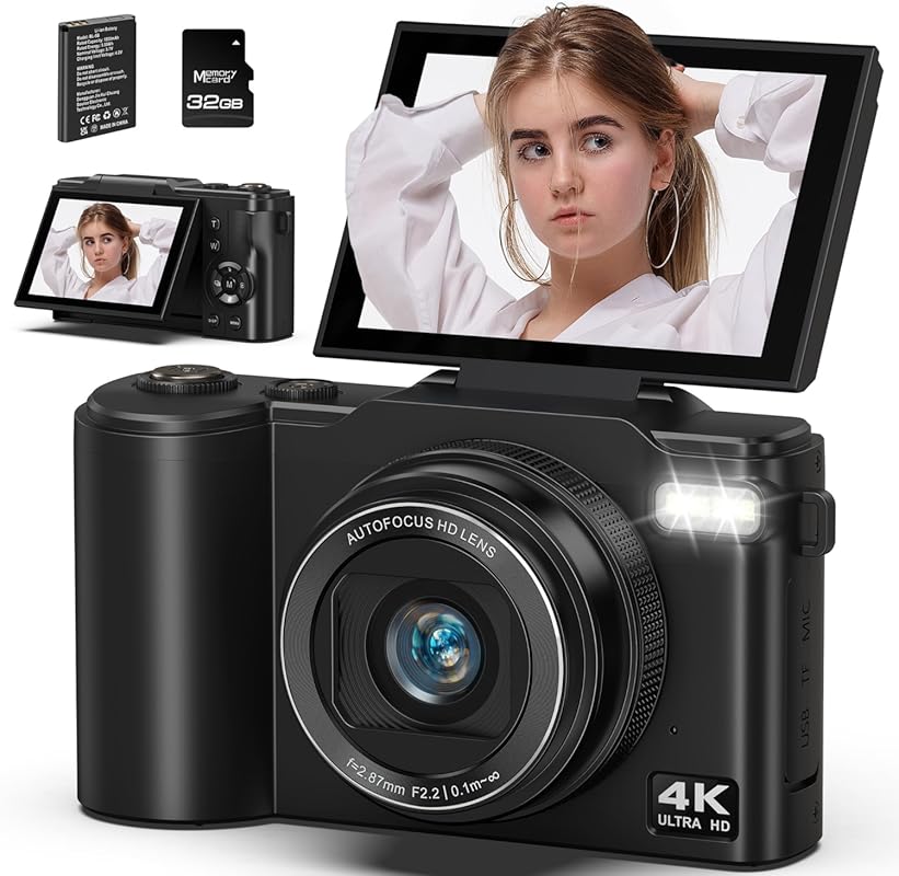 4K 64MP Digital Camera for Vlogging and Photography, featuring Flip Sc