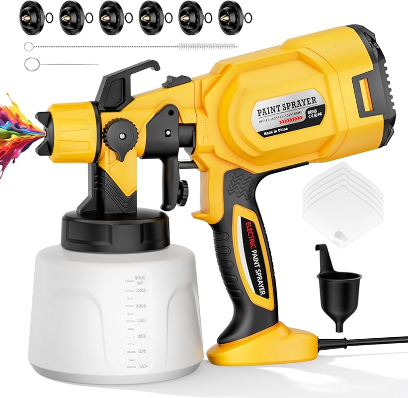 1000W HVLP Paint Sprayer with 6 Brass Nozzles and Large 1400ml Contain