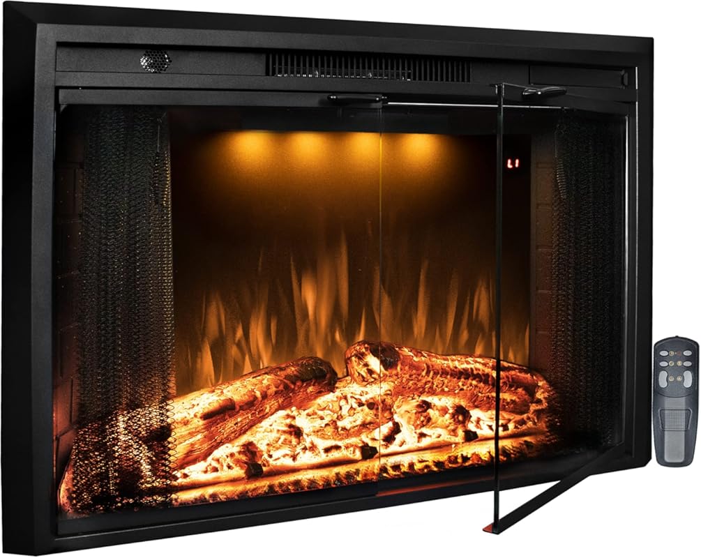 Benrocks 36" Electric Fireplace Insert, Glass Door, Multi-Color Flames