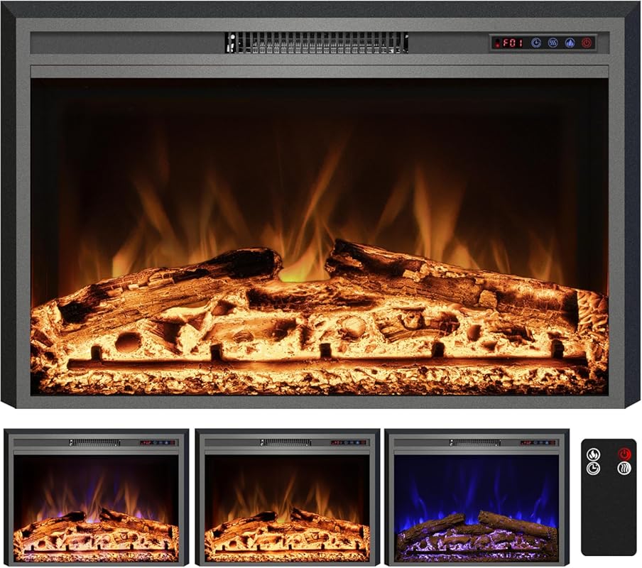 28 Inch Recessed Electric Fireplace Insert: 1500W Heater, Remote, Adju